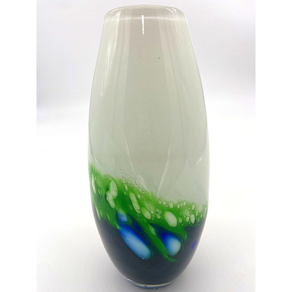 Vintage MCM Lava Lamp Style Vase Opal Green Cobalt Blue Bubbles Art Glass
